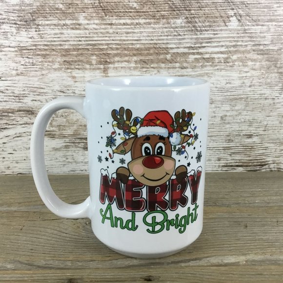 Merry and Bright Reindeer Christmas Ceramic Coffee Mug - Picture 1 of 4